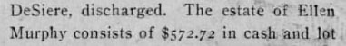 "DeSiere, discharged. The estate of Ellen / Murphy consists of $572.72 in cash and lot"