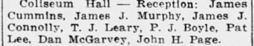 Coliseum Hall reception committee, "James Cummins, James J. Murphy, …"